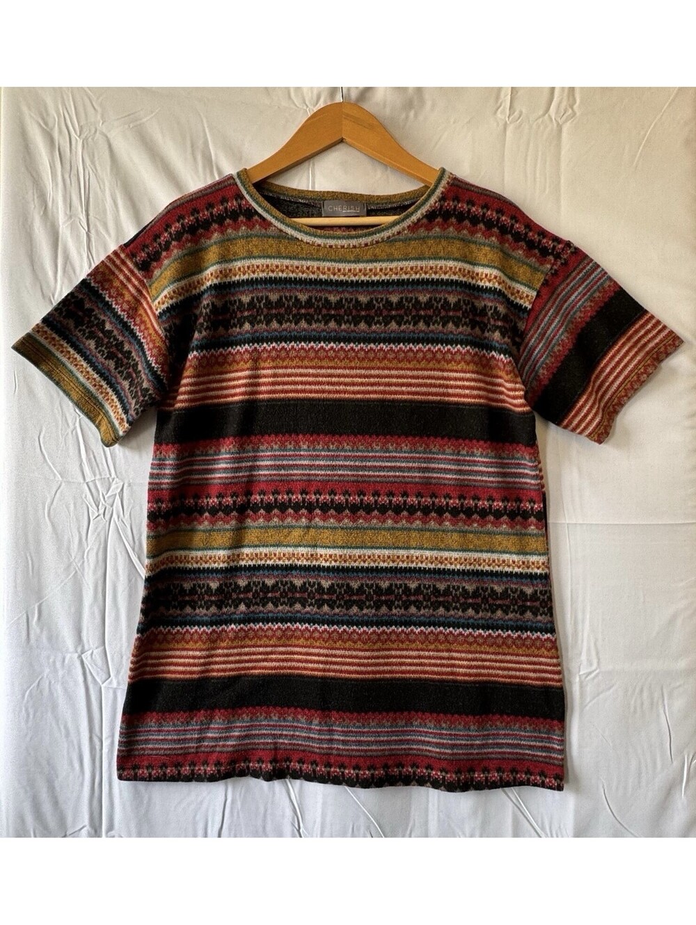 Cherish Top Womens M/L Multicolor Fair Isle Aztec Short Sleeve Sweater EUC